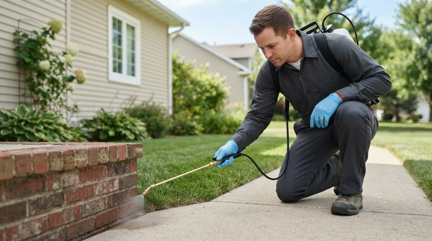 Pest control technician treating a home near Cathay, ND